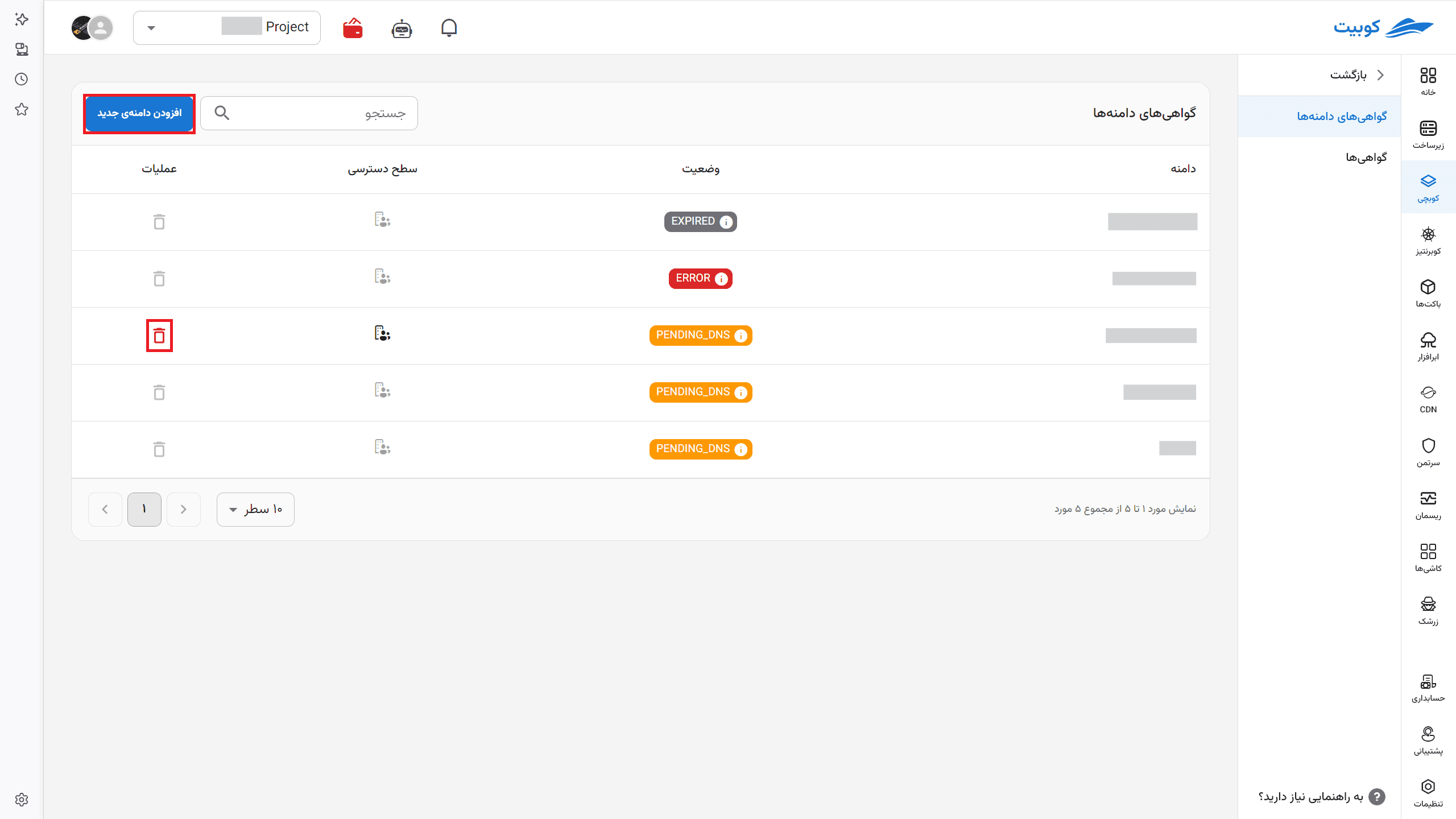 Domain list and certificate status