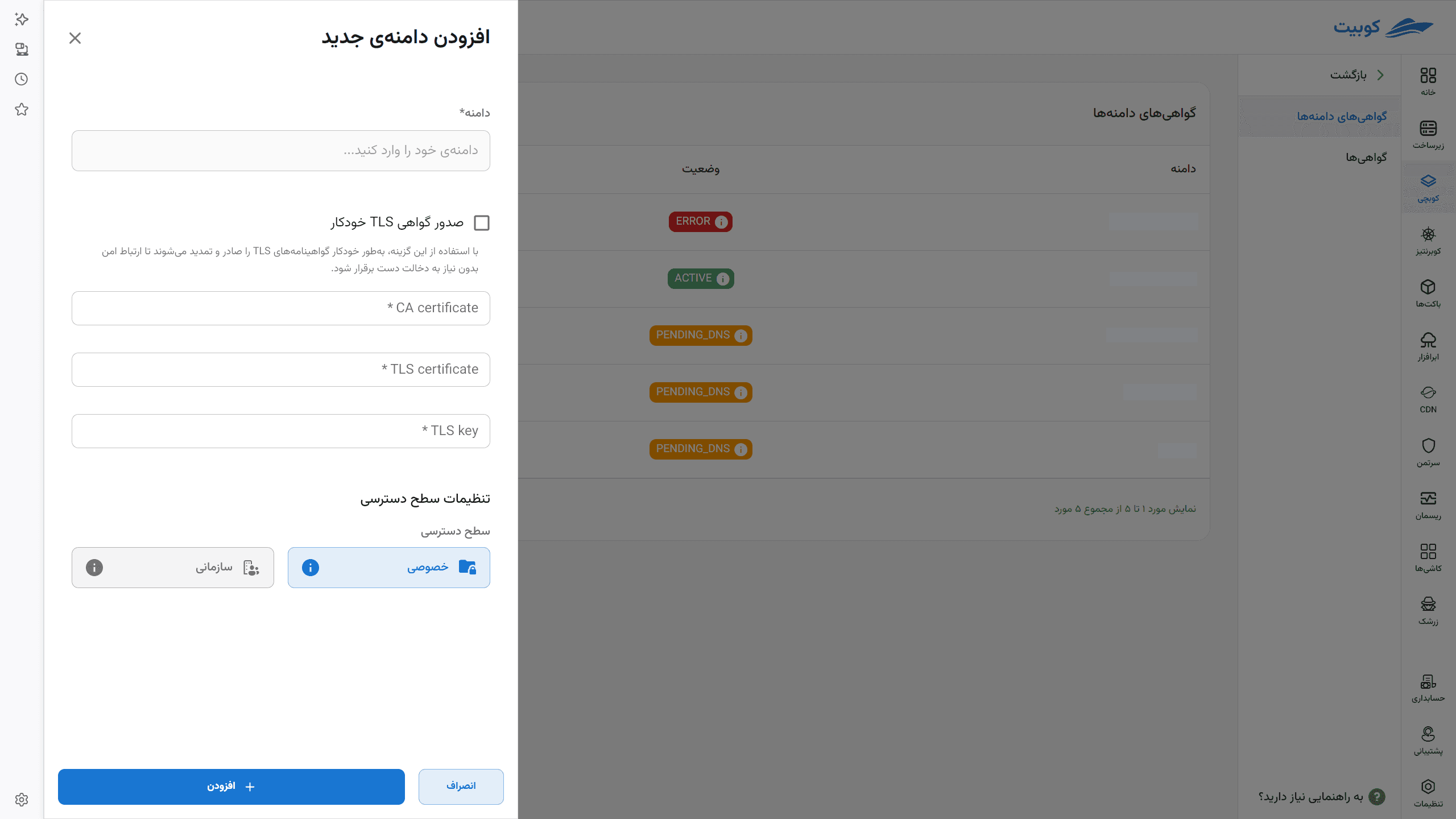 فرم افزودن دامنه با گواهی TLS دستی