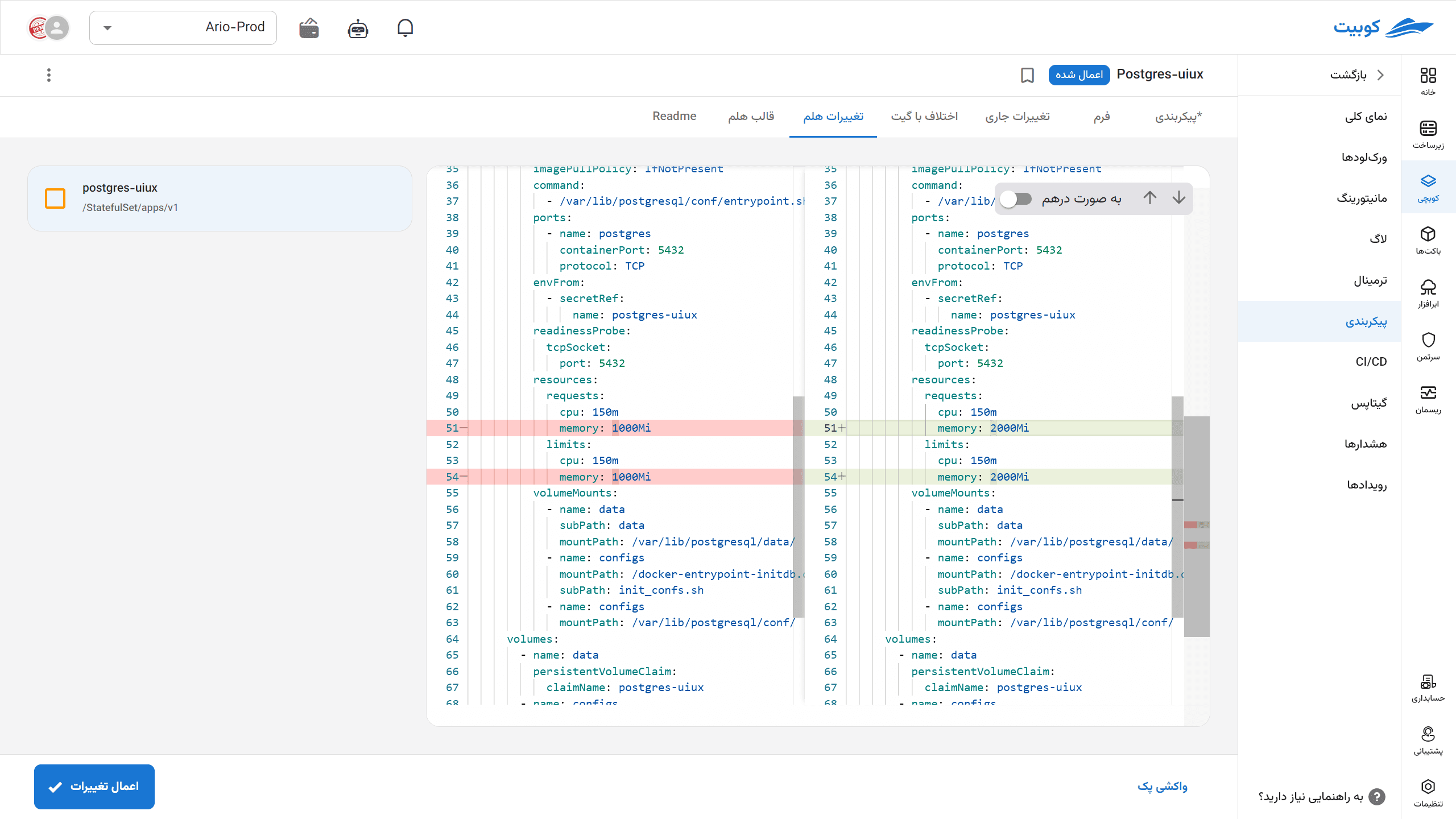 Helm resources before and after the configuration change