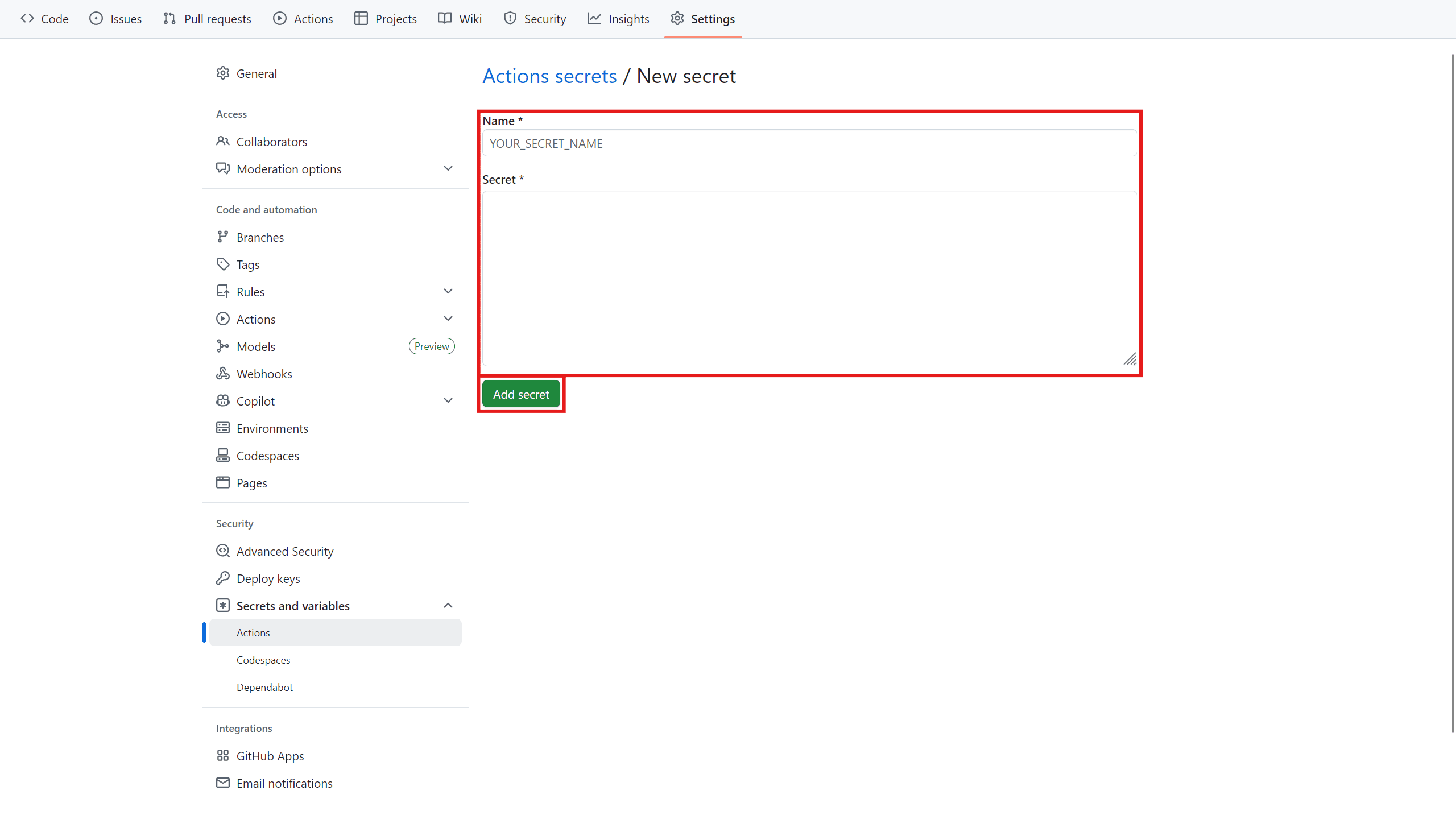 Empty New repository secret form in GitHub Actions