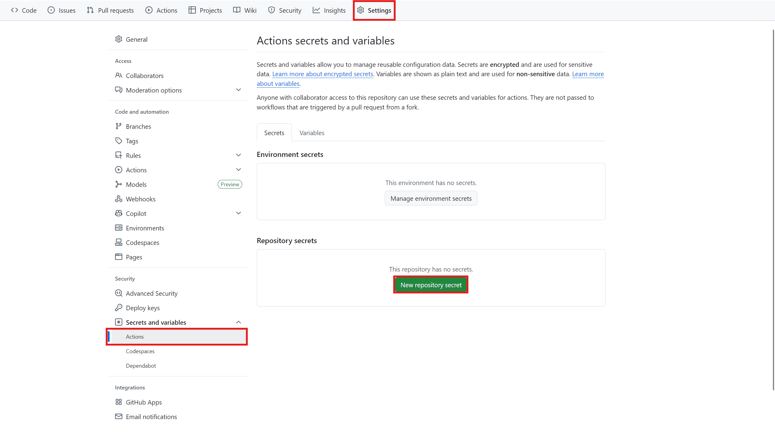 Settings and Secrets and variables path for GitHub Actions
