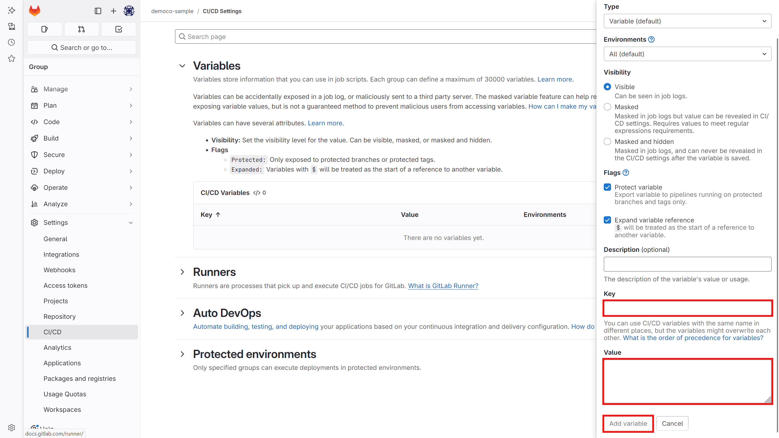 Empty GitLab CI/CD variable form and its security options