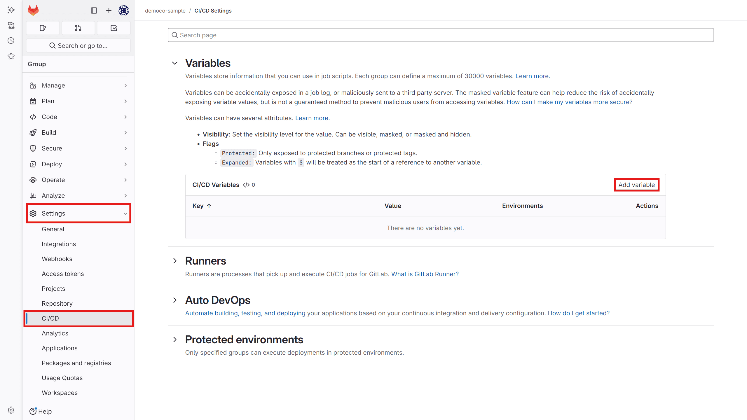 Settings, CI/CD, and Add variable in GitLab