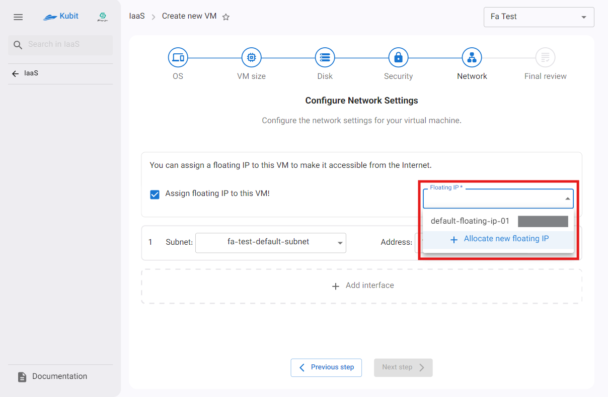 VM: add floating ip