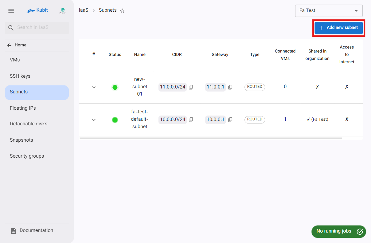 Subnets: new subnet