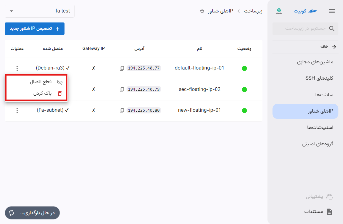 Floating IP: options list