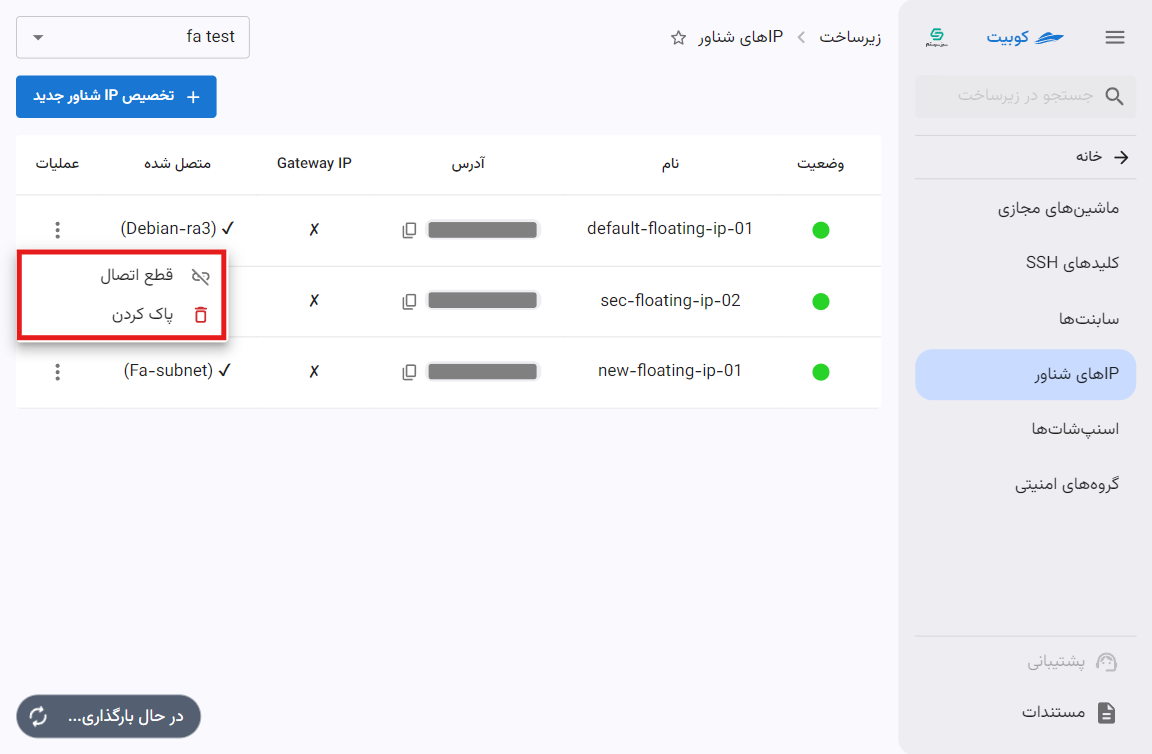 Floating IP: options list